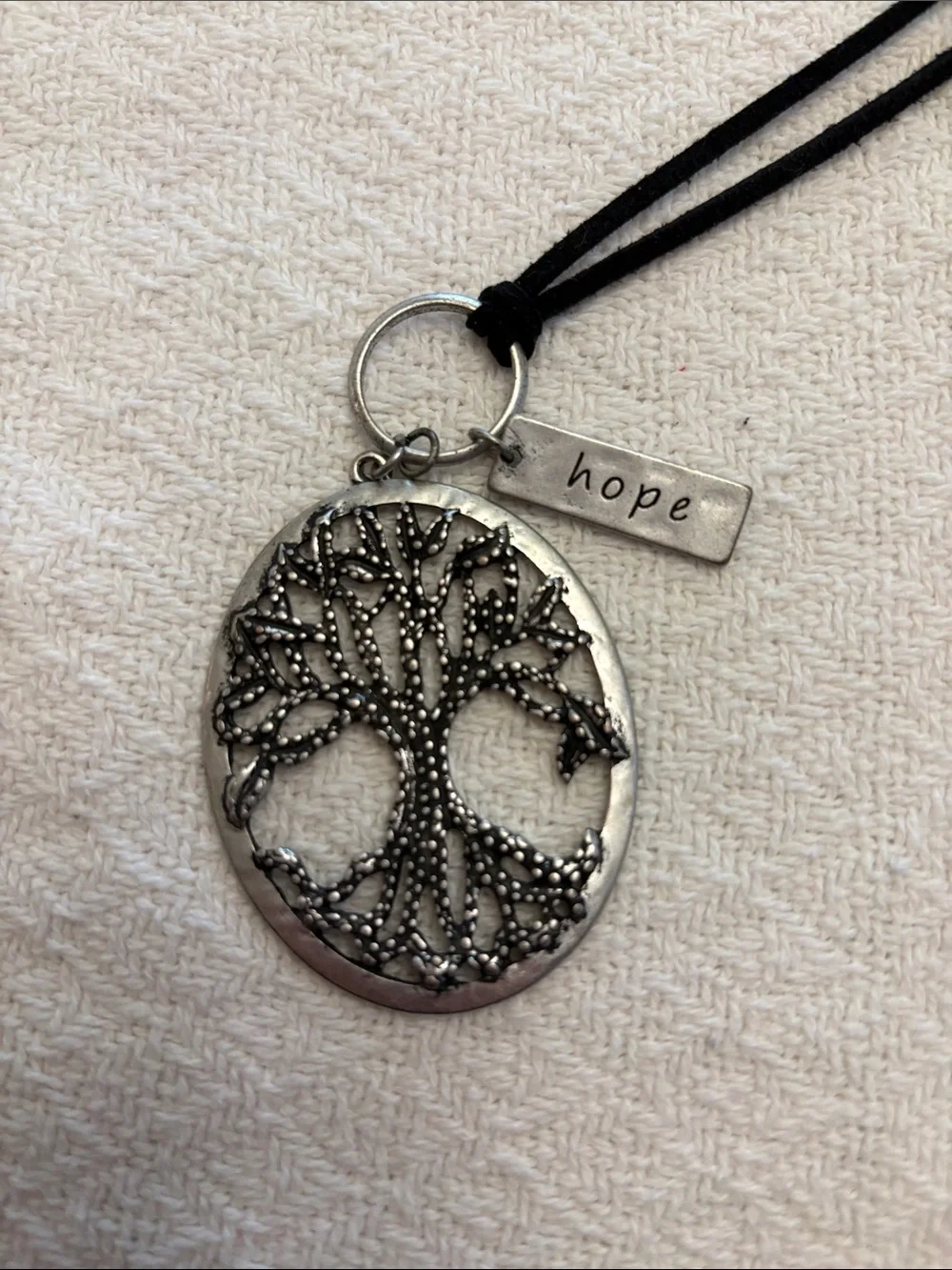 Boho Bundle of 3 Black Cord and Gunmetal Tree of Life Necklace with Pink Accent - Picture 6 of 10